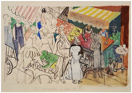 Marknaden på Rue Lepic, Färglagd tuschteckning, 21,3x34 cm