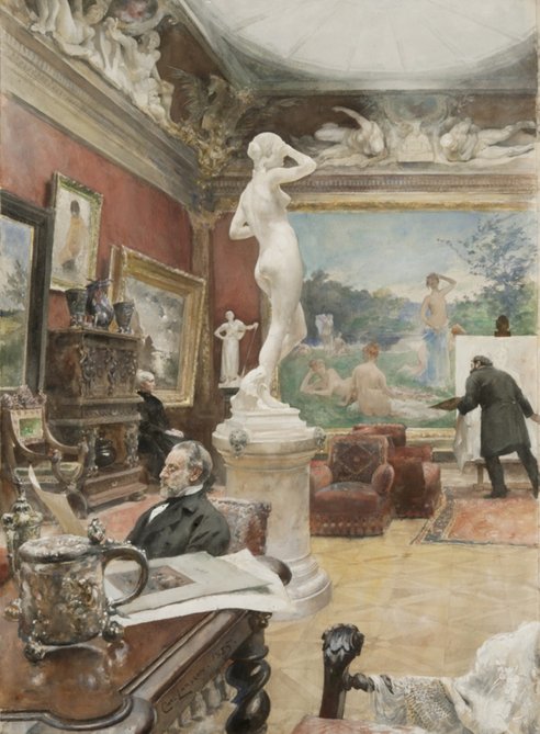 Interiör från Fürstenbergska Galleriet från 1885 - Pontus Fürstenberg granska ett grafiskt blad och Ernst Josephson målar ett porträtt av Göthilda Fürstenberg 